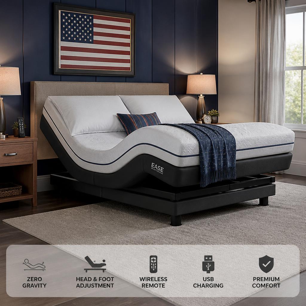 Adjustable bed base raised in zero-gravity position