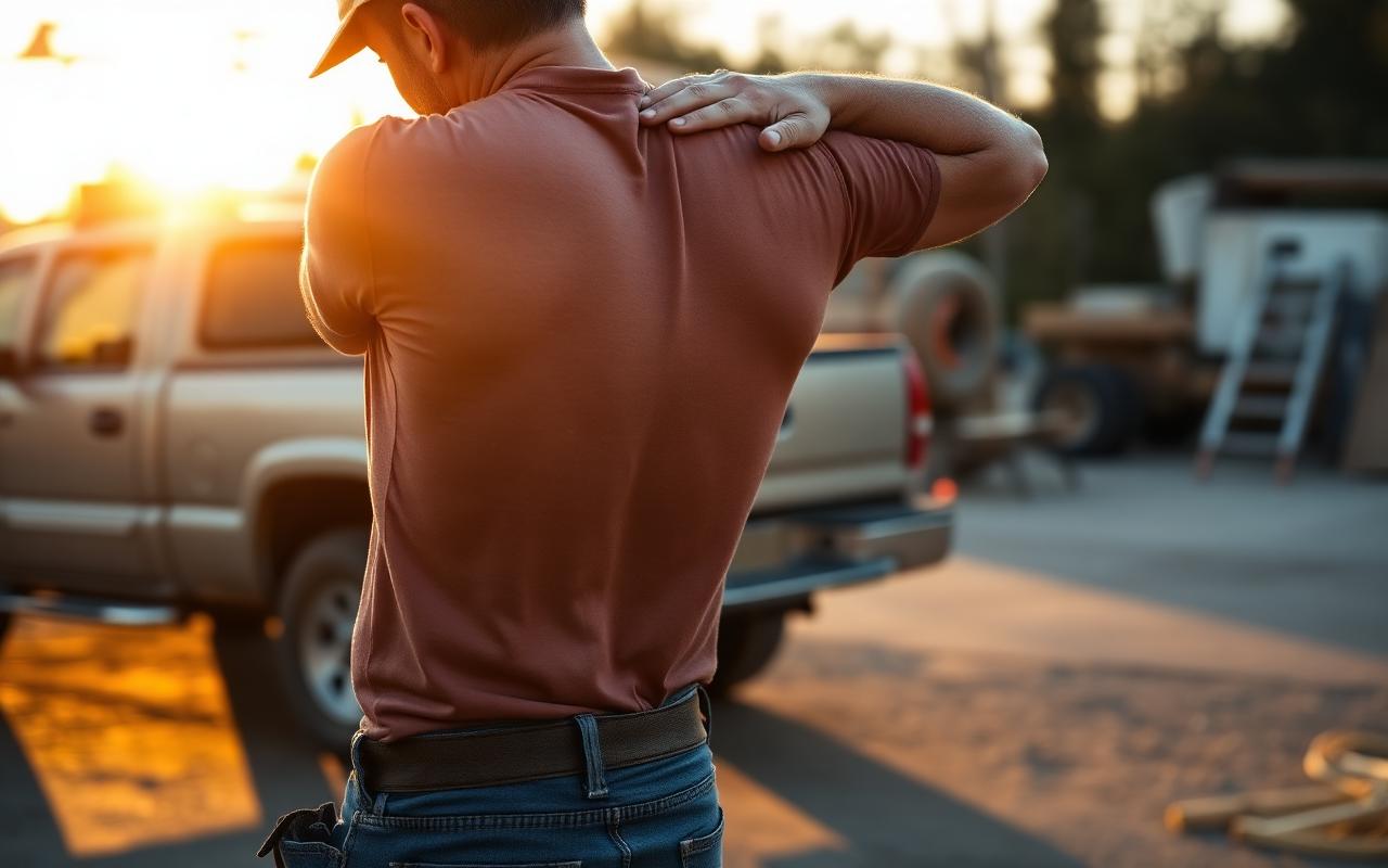 Construction worker stretching his sore lower back at sunrise