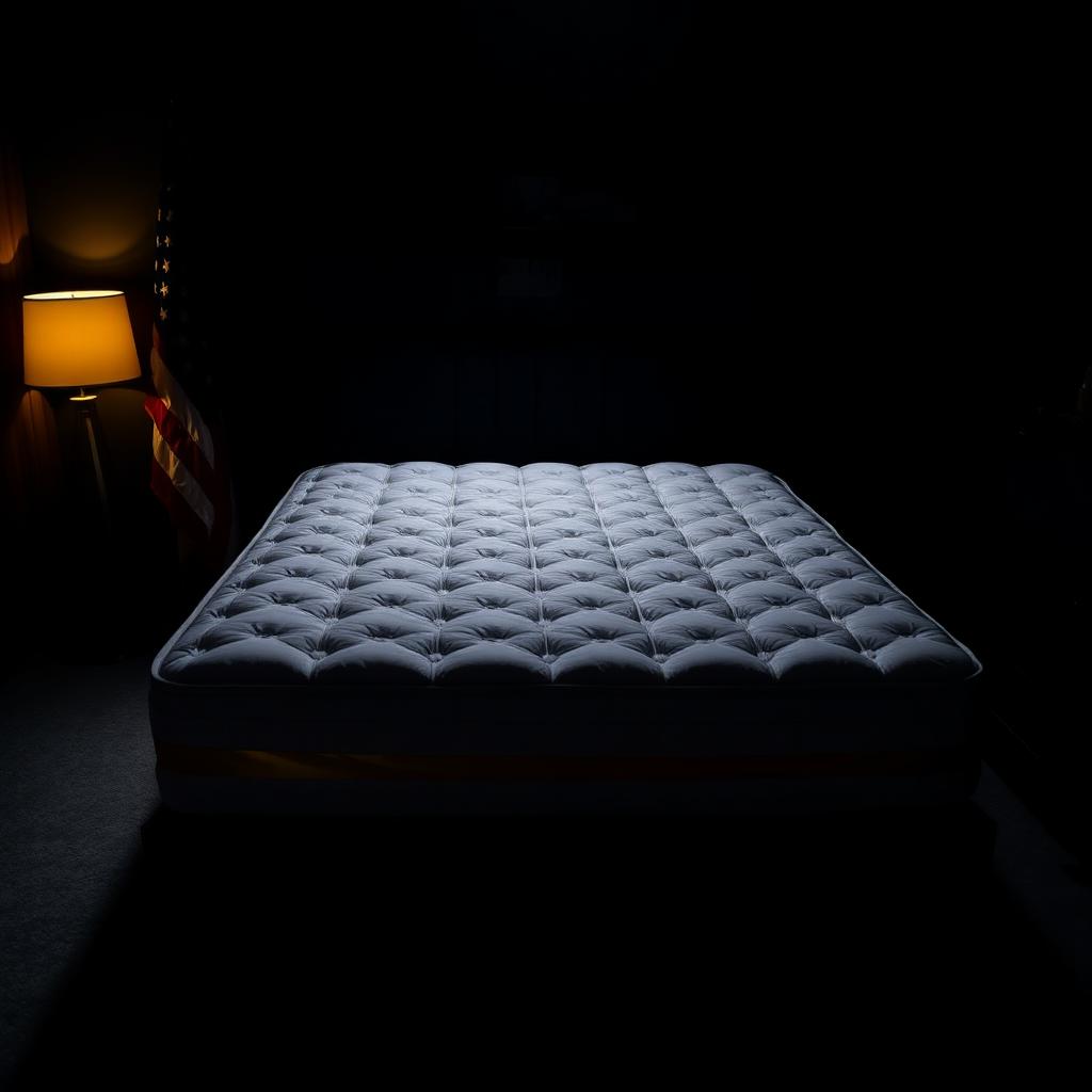 A white quilted hybrid mattress lit by a single warm lamp in a dark room with an American flag in shadow for Black Friday