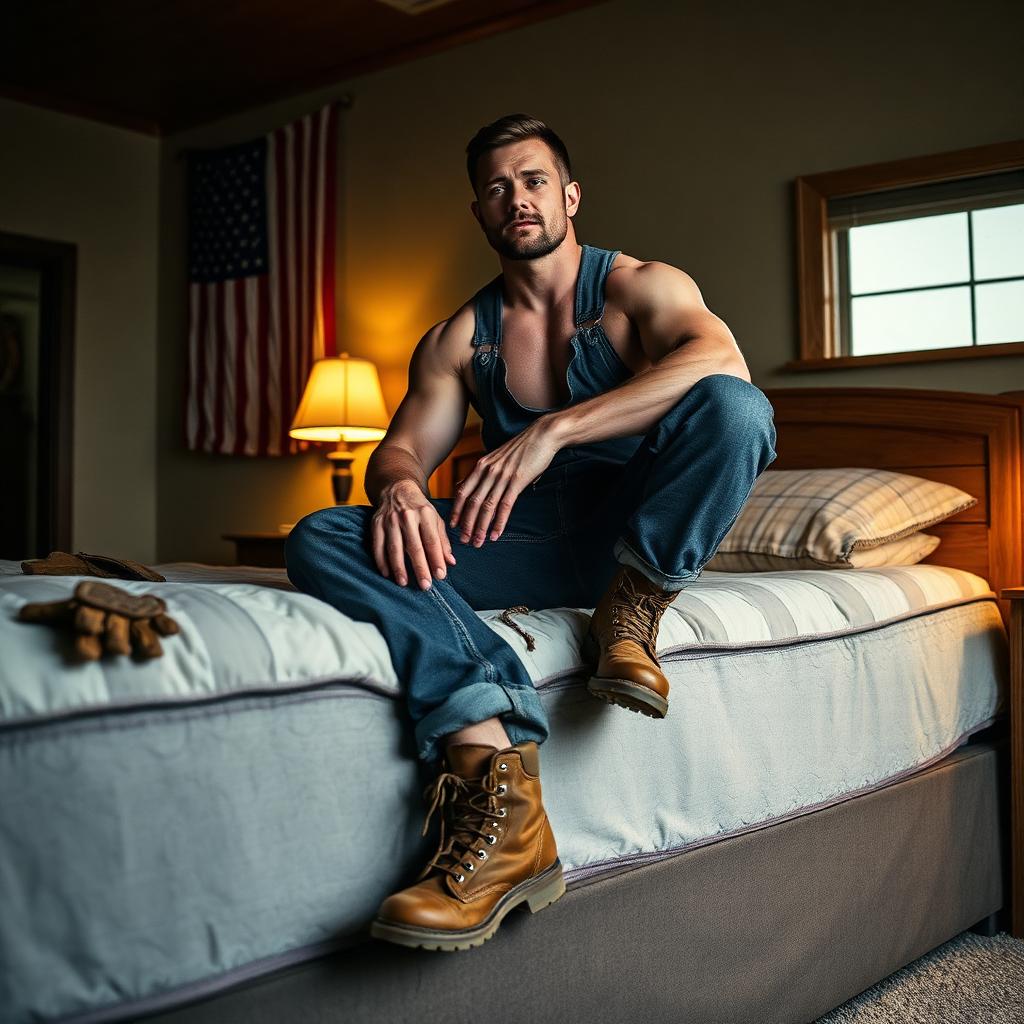 A blue-collar worker in work boots sitting on the edge of a quality mattress