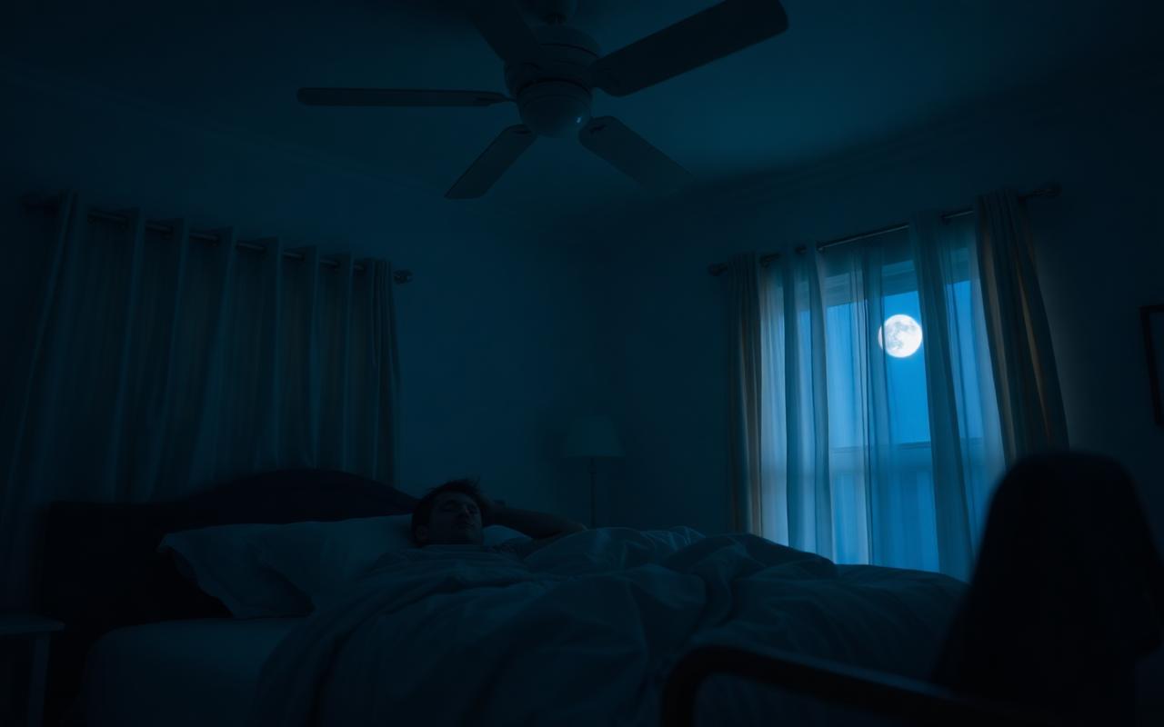 Man sleeping cool in a dim bedroom with a ceiling fan and moonlight