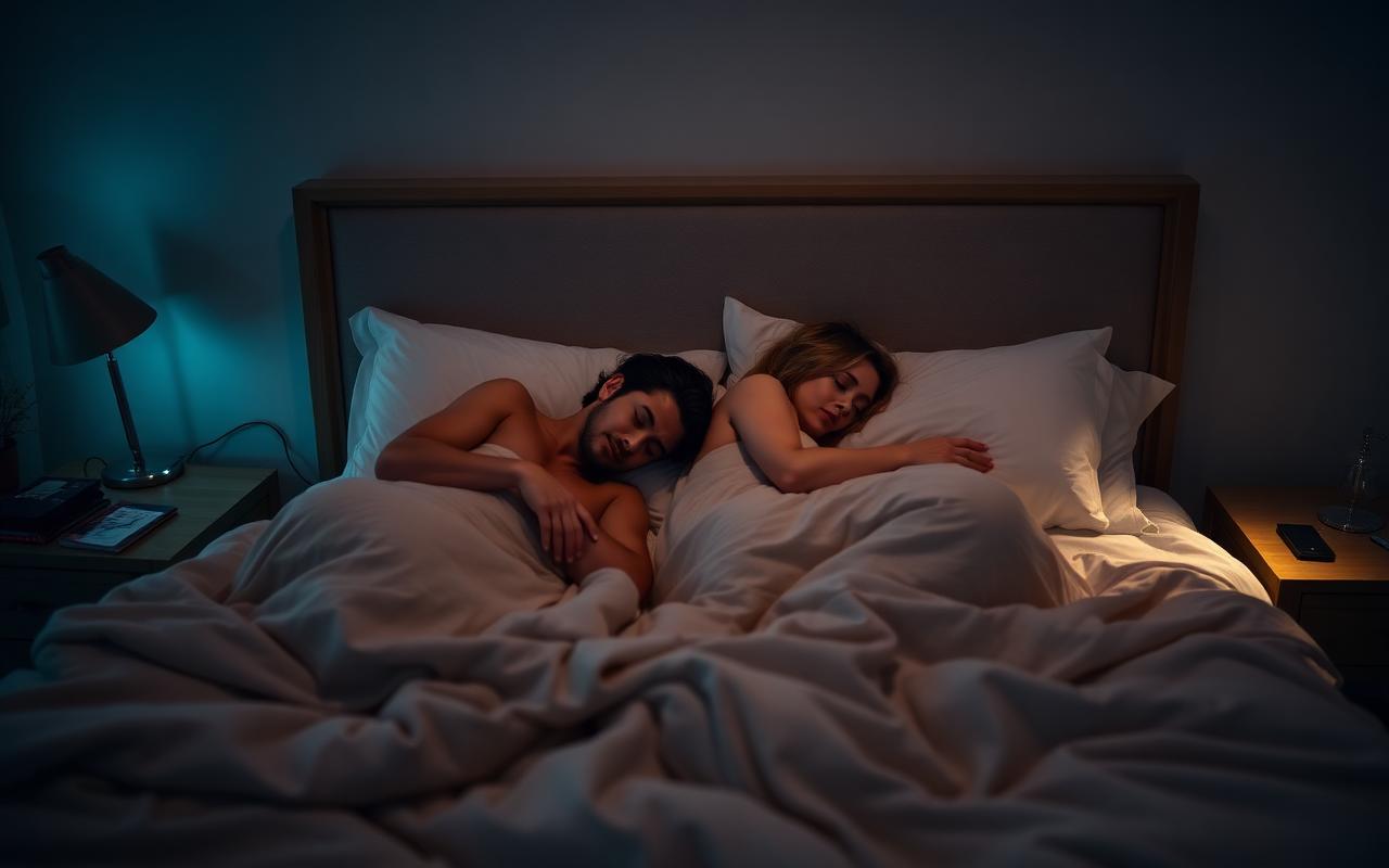 A couple sleeping peacefully in a large bed at night