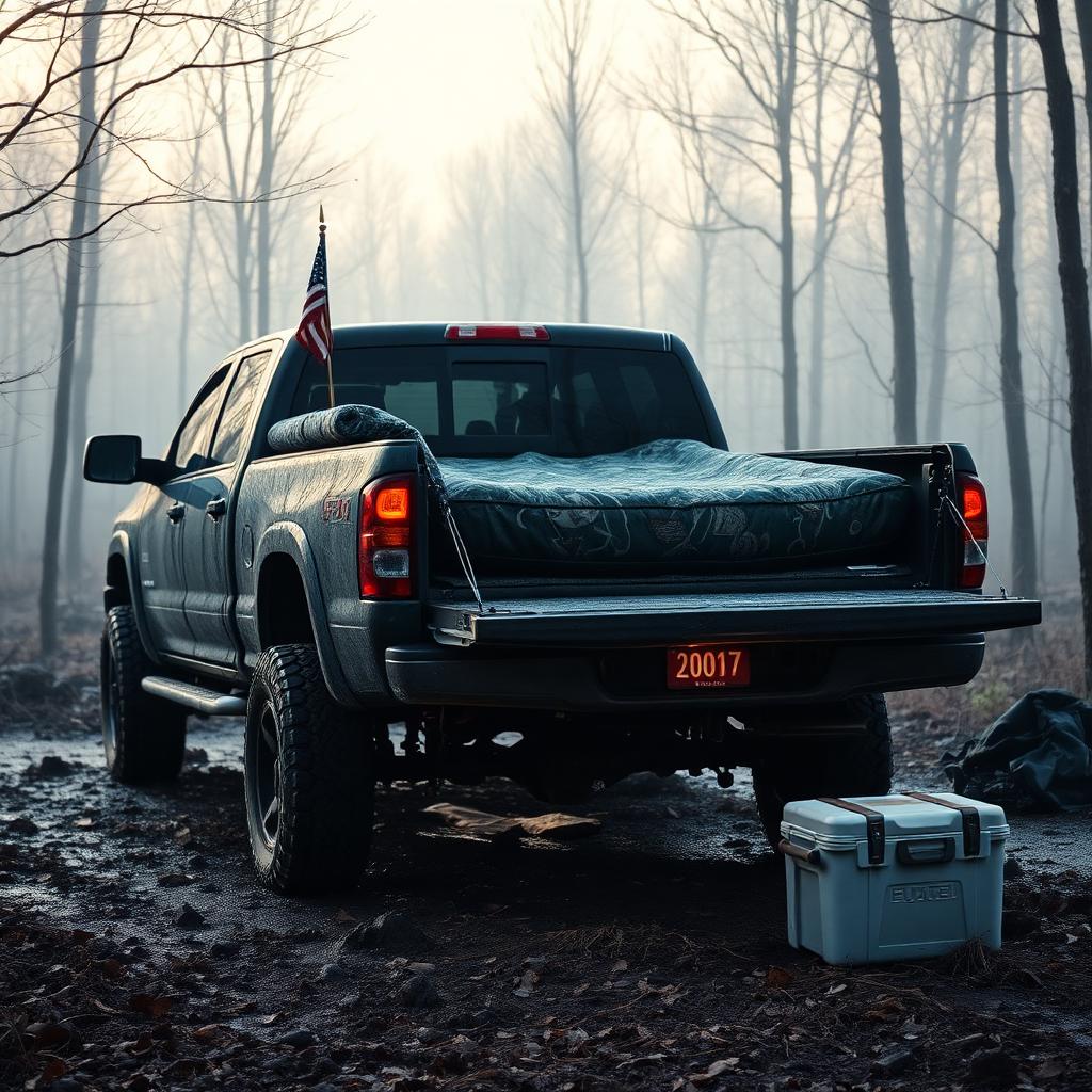 A pickup truck with a mattress in the bed at a foggy deer camp