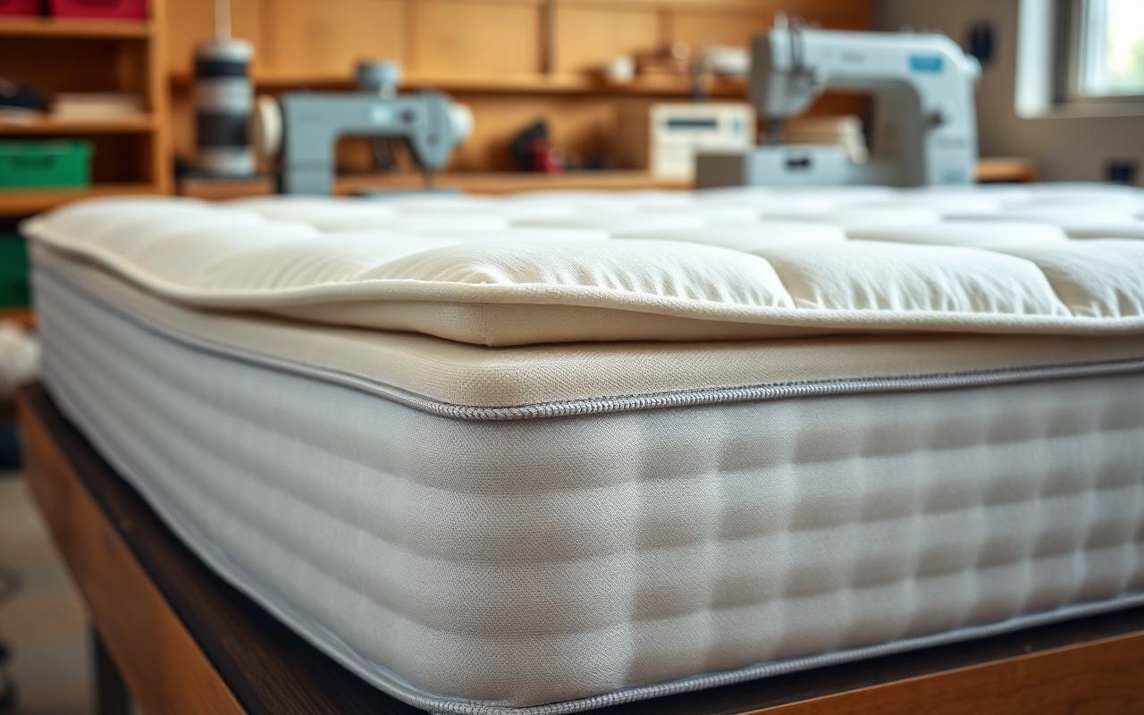 Close-up of a mattress corner showing cotton and foam layers on an American workbench