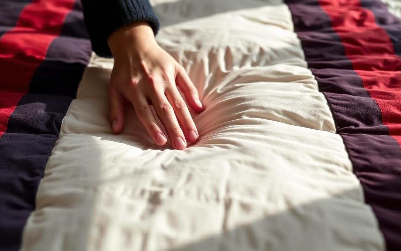 A hand pressing into a quilted mattress surface to test firmness