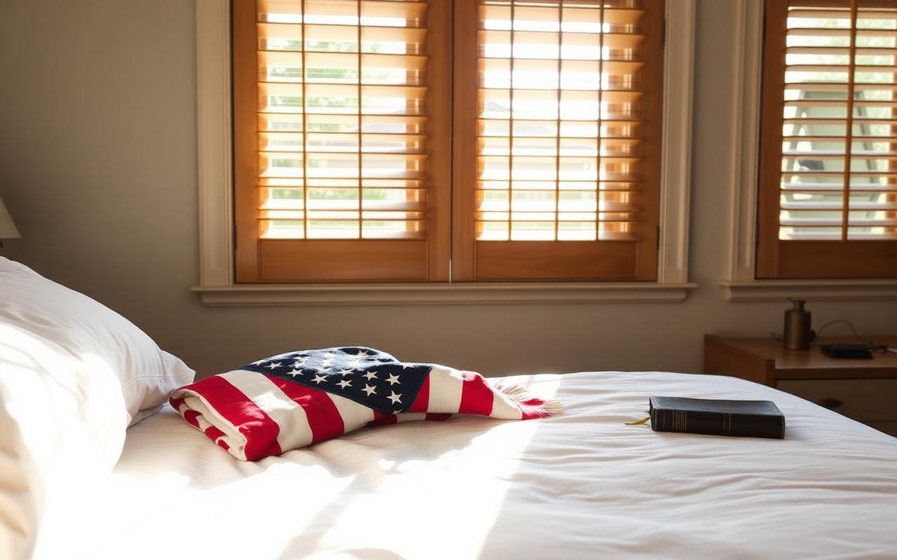 Sunlit American bedroom with a folded flag on white bedding