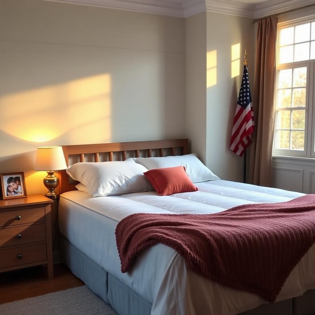 A tidy American guest bedroom with a fresh mattress, quilts, and a small flag