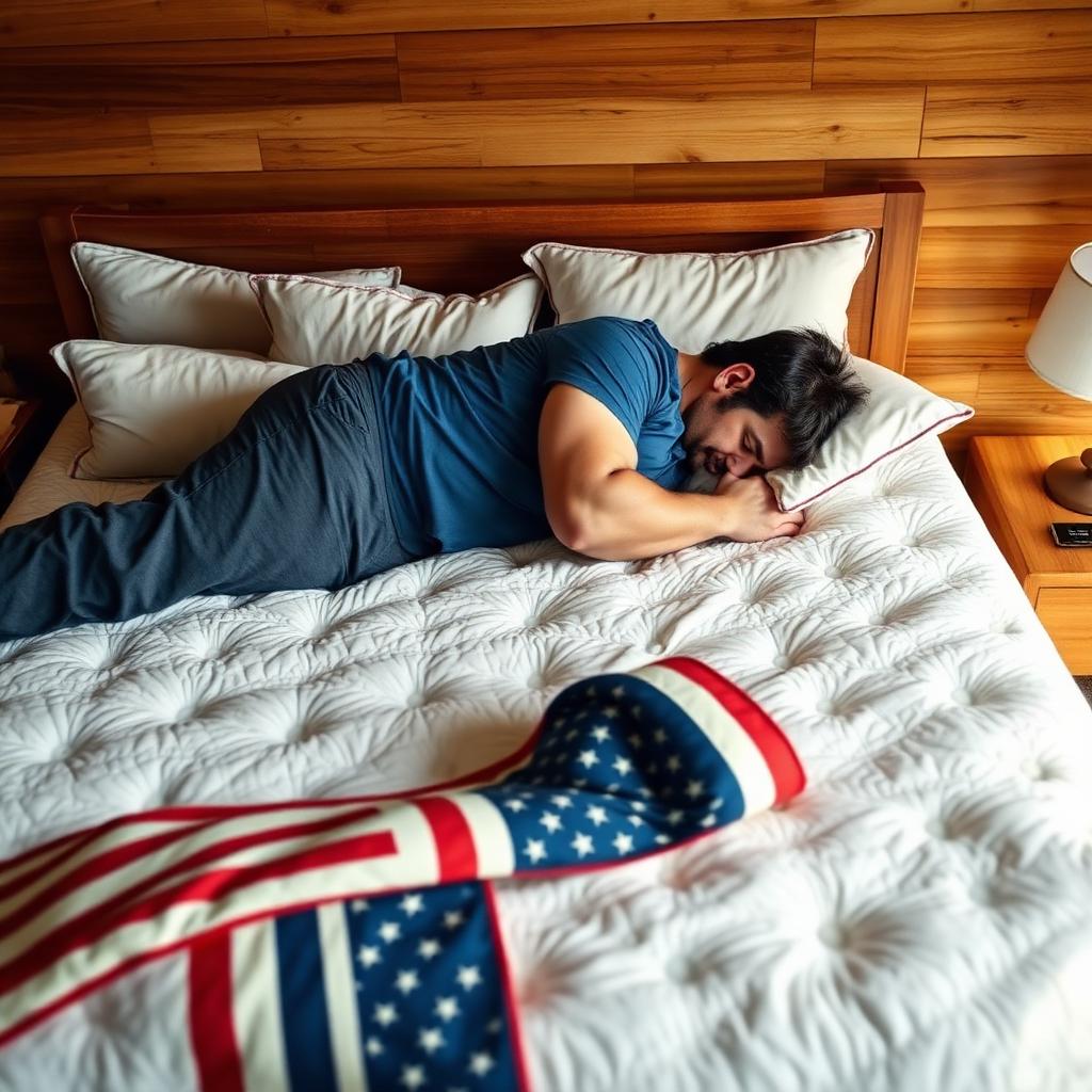 A large man sleeping comfortably on a supportive hybrid mattress