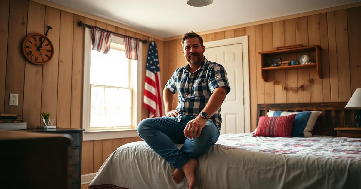 A rugged blue-collar American man sitting on the edge of a made bed in a farmhouse bedroom, hand resting on his hip in morning light