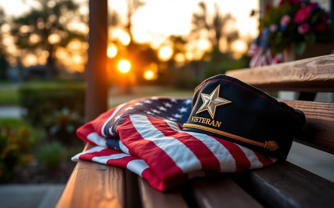 A folded American flag and veteran's cap on a porch bench at sunset