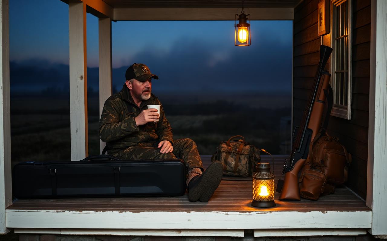 Hunter in camo with coffee on a porch before dawn