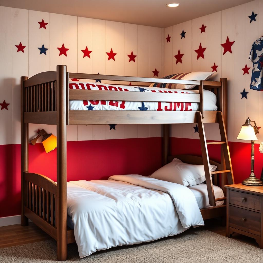 A patriotic-themed kids bedroom with bunk beds and clean white bedding