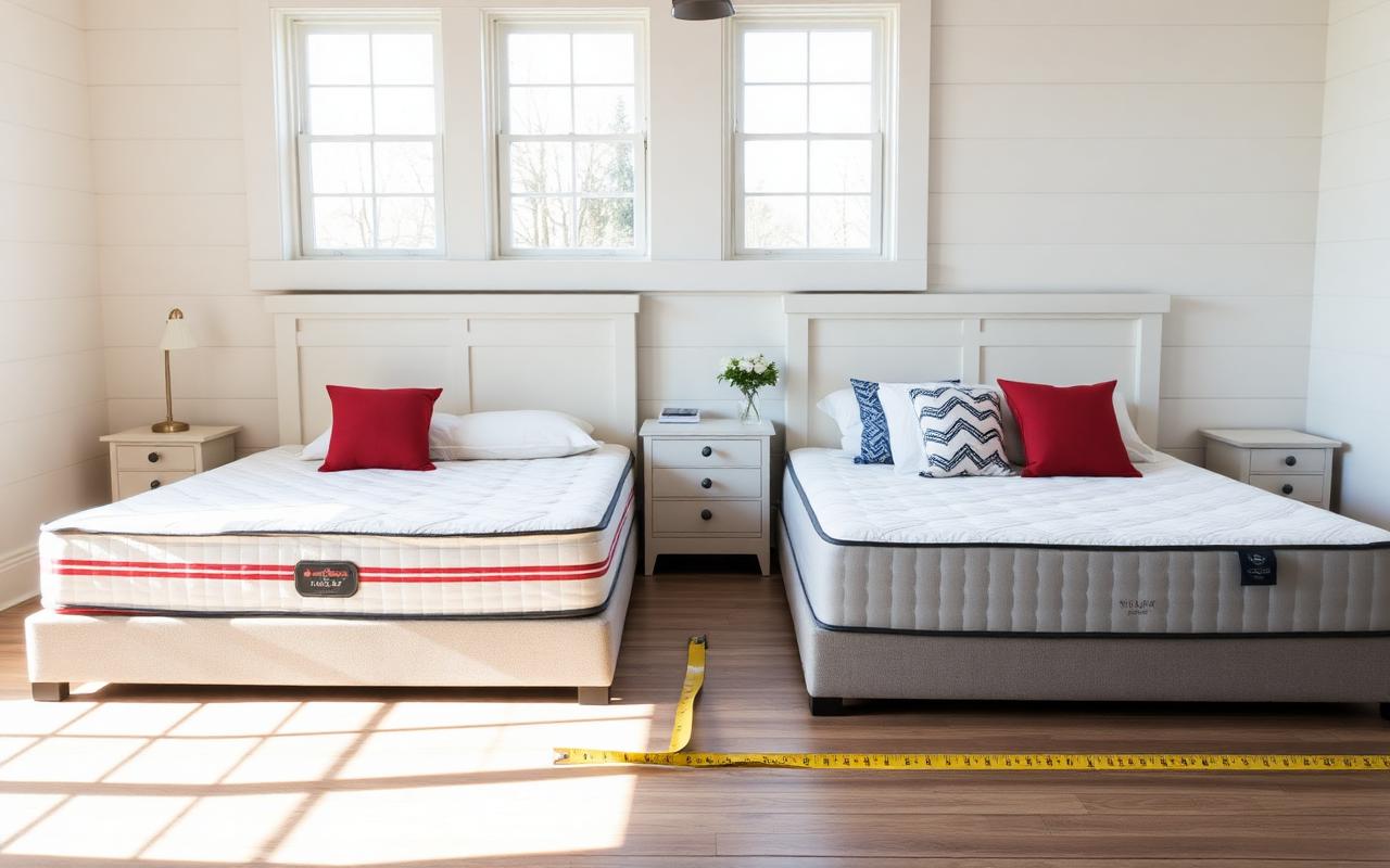 Two large mattresses side by side in a bright farmhouse bedroom with a tape measure on the floor