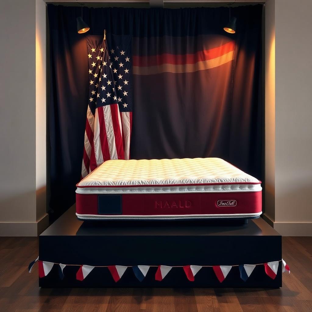 A Patriot Bed hybrid mattress displayed on a dark stage with an American flag and patriotic bunting for a Labor Day sale