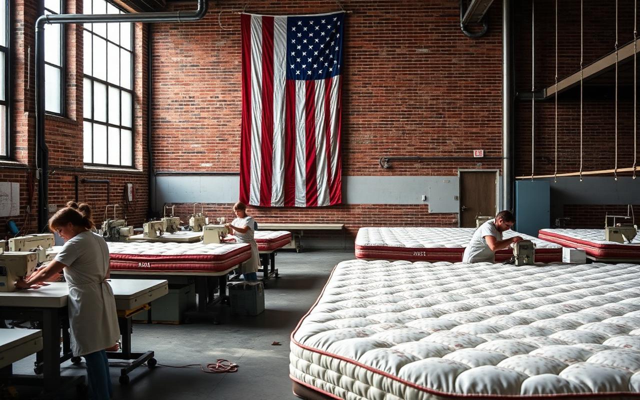 Workers sewing quilted mattress panels in an American factory under a flag