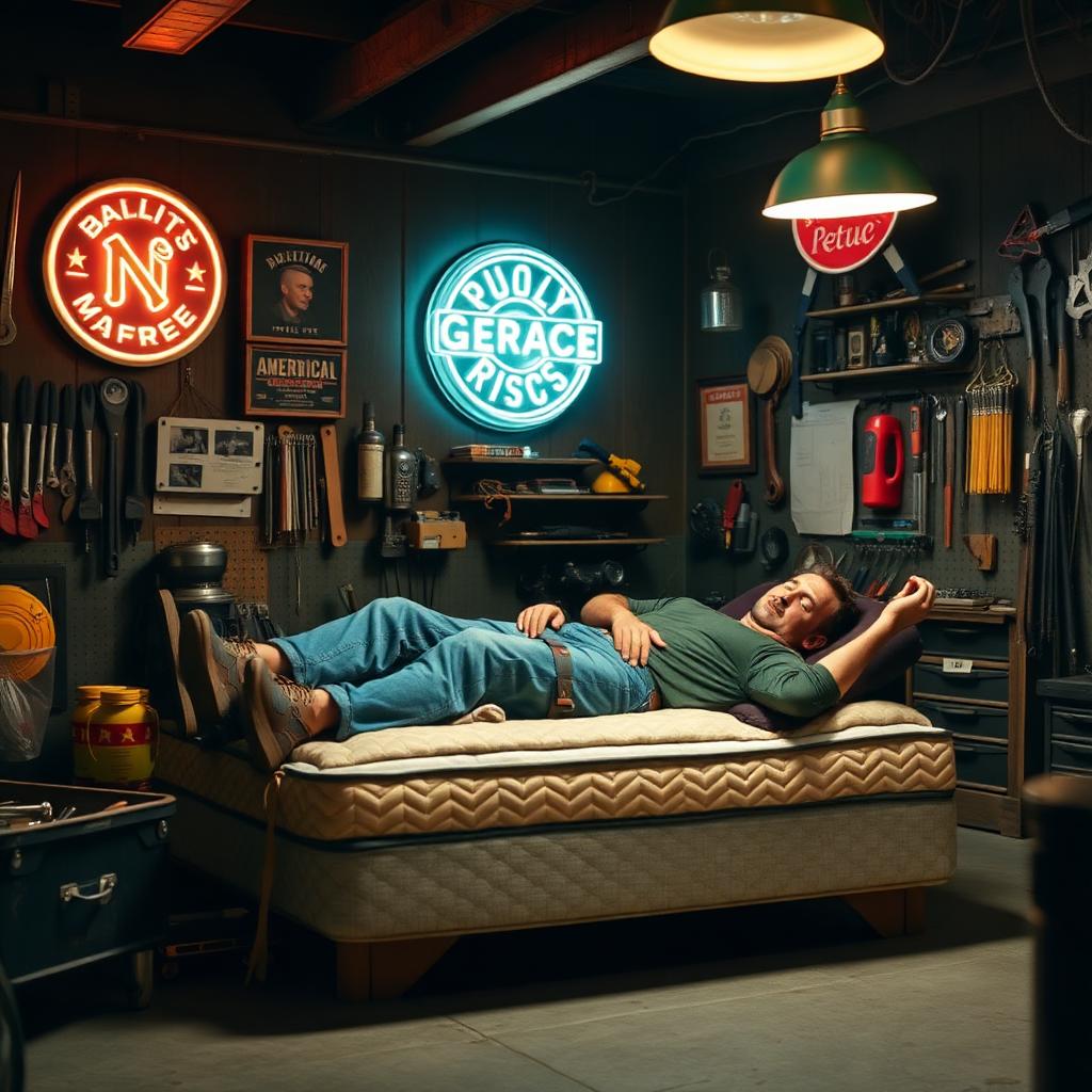 A man resting on a quality mattress in a garage man cave with neon signs