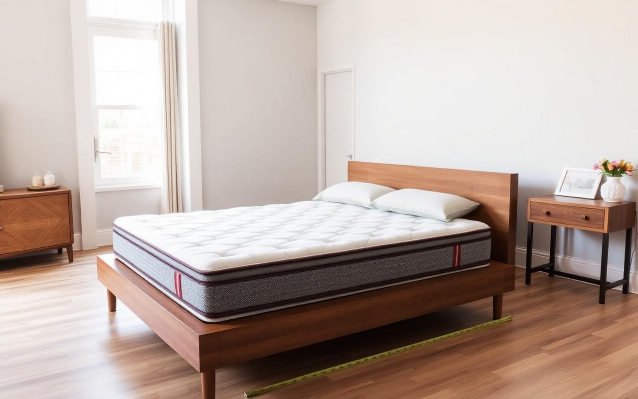 Quilted hybrid mattress on a wooden bed frame in a bright bedroom