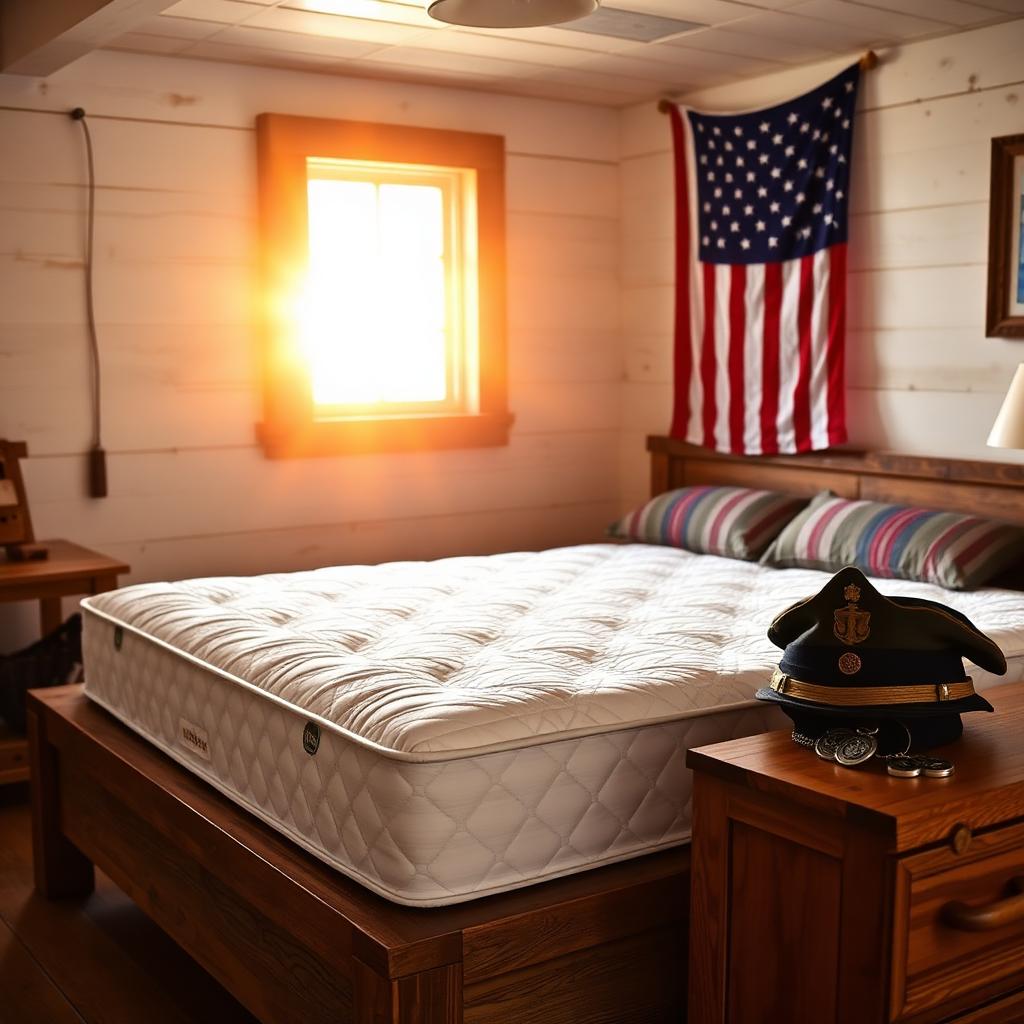 A white quilted hybrid mattress in a sunlit farmhouse bedroom with an American flag and a folded military uniform cap on the nightstand