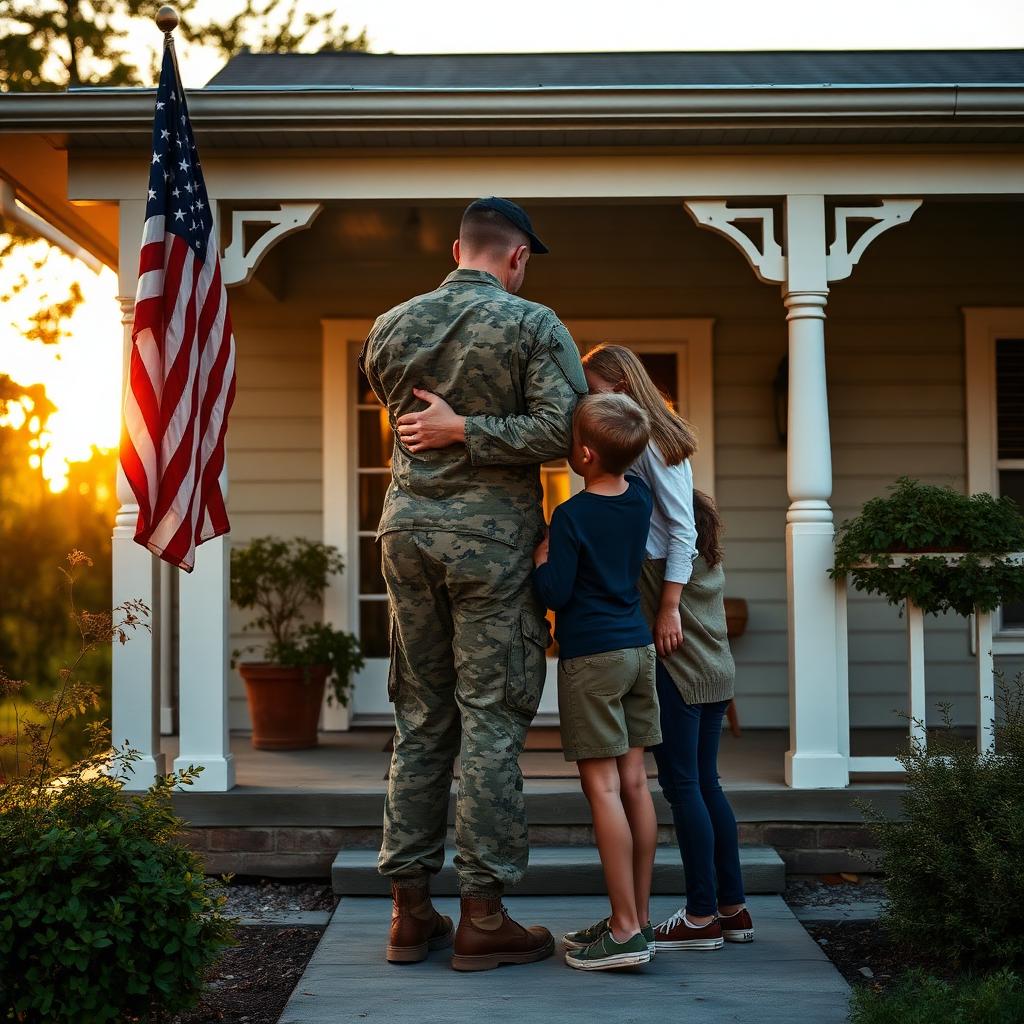 A soldier embracing his family on the porch of an American home