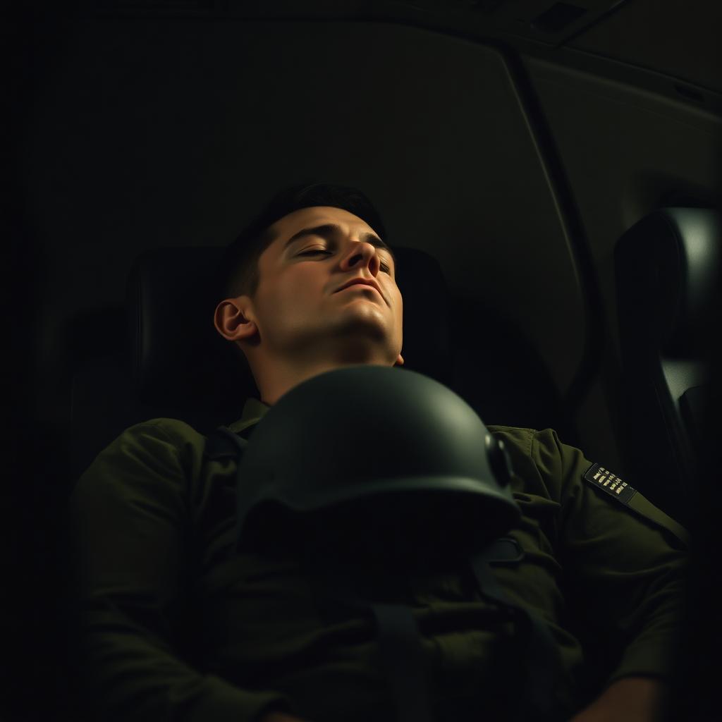 A soldier in fatigues asleep upright in a military transport aircraft