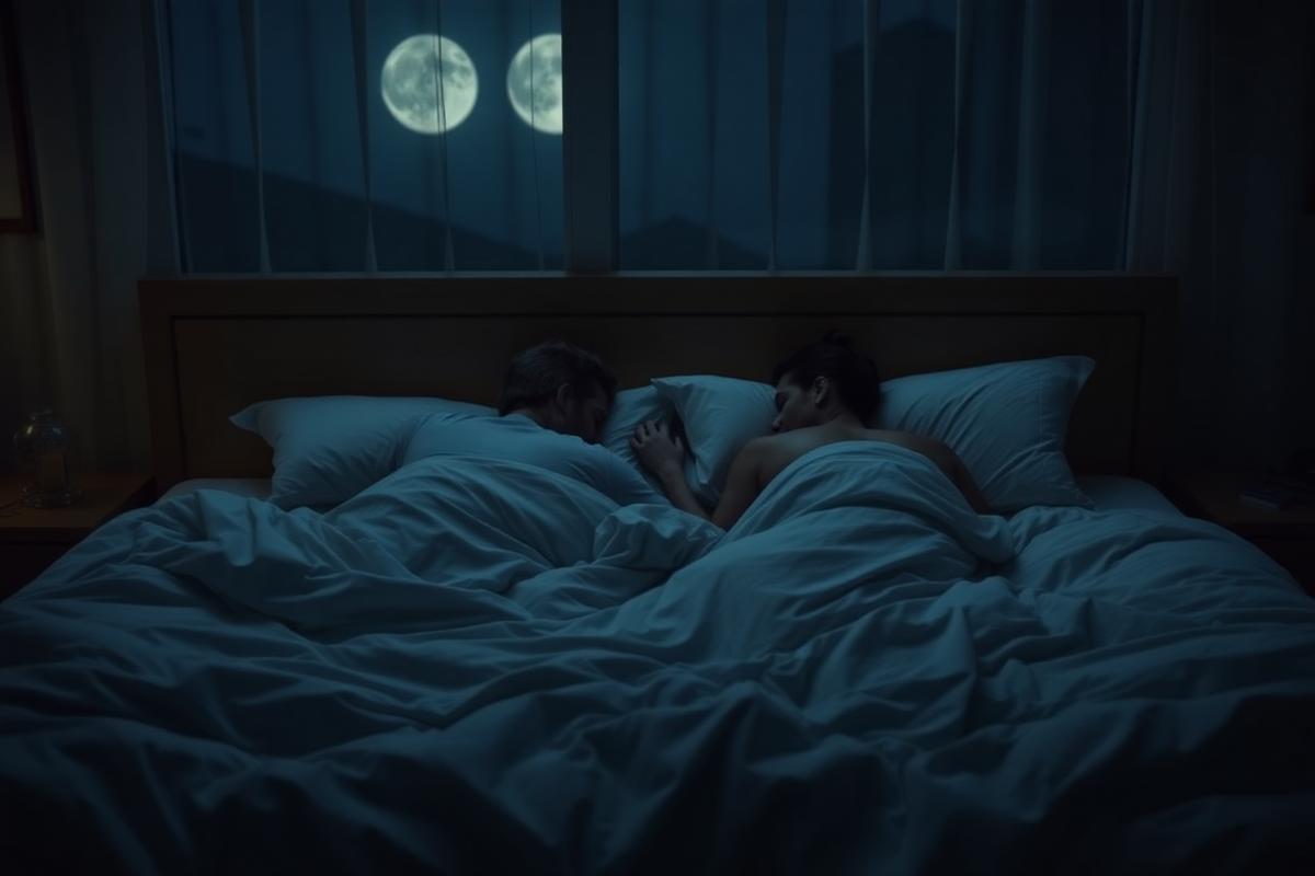 A couple sleeping peacefully in a large bed at night, one partner turned away undisturbed