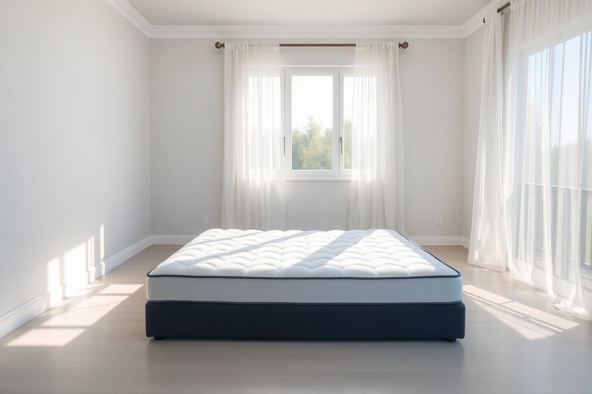 A new mattress in a bright bedroom with an open window and curtains moving in fresh air