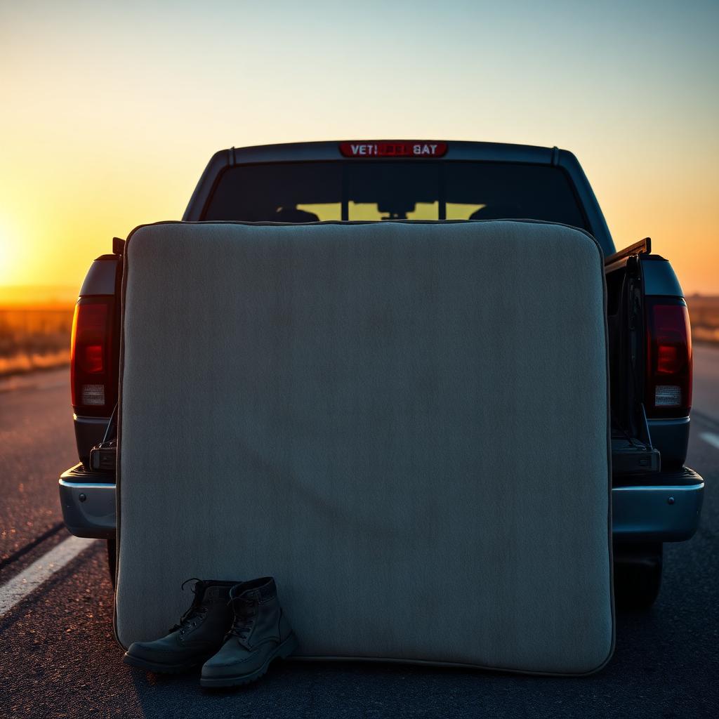 An old mattress loaded on a pickup truck tailgate at sunset