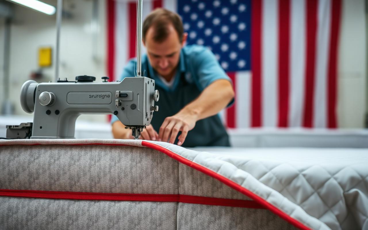 A craftsman stitching a quilted mattress panel with an American flag behind him