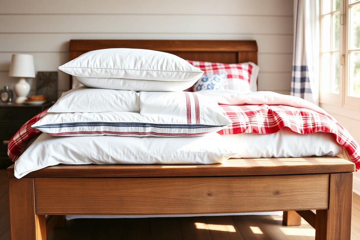 Stacked white pillows and folded red, white and navy bedding on a wooden bench in a farmhouse bedroom