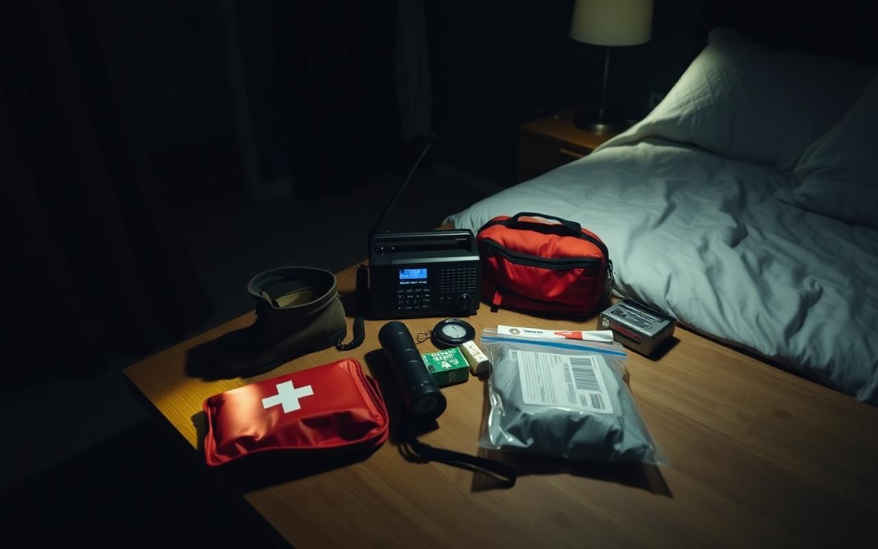 Flashlight, radio and first aid kit on a nightstand at night