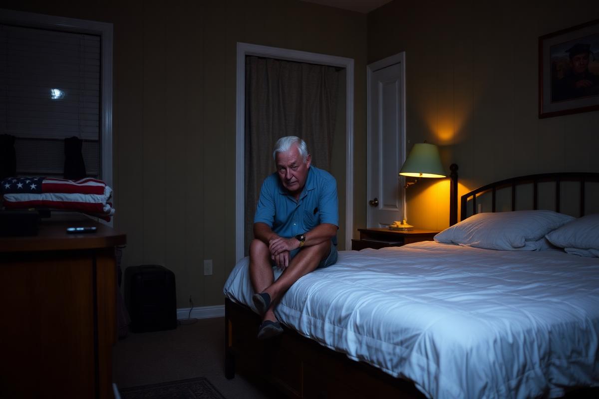 A veteran sitting on the edge of his bed at night in a dimly lit bedroom with a folded flag on the dresser