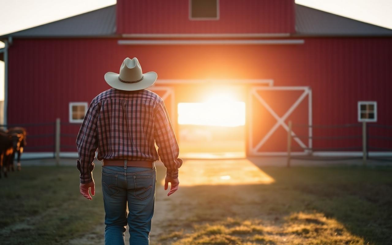 Rancher walking toward a red barn at sunrise