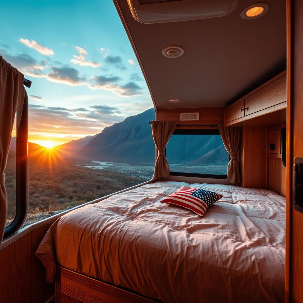 RV bedroom with a comfortable mattress and mountain sunset through the window