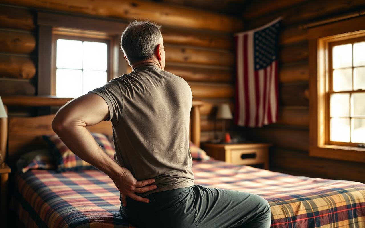 A mature American man in a rustic farmhouse bedroom pressing his hand into his lower back and hip in the morning light.