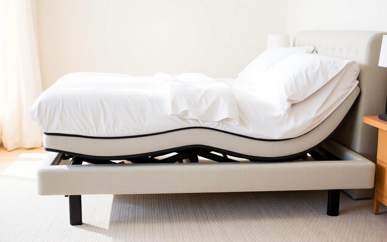 Crisp white fitted sheets on an adjustable bed base raised in zero gravity position