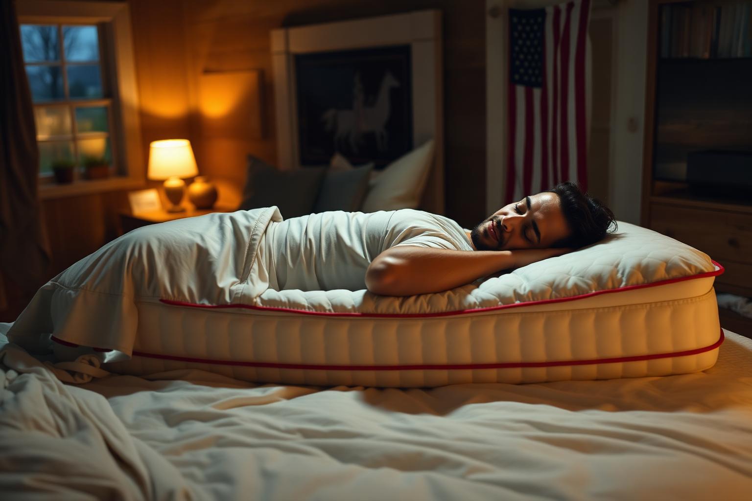 Man sleeping comfortably on his side on a quilted hybrid mattress in an American farmhouse bedroom