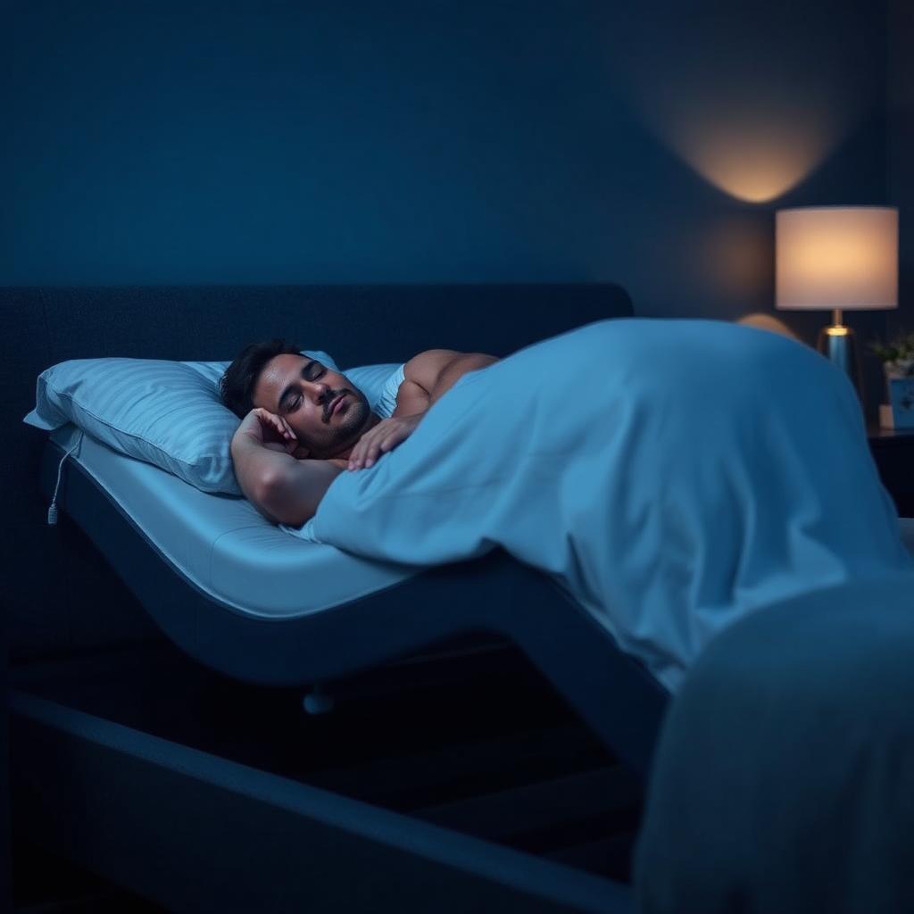A man sleeping with his head elevated on an adjustable bed base