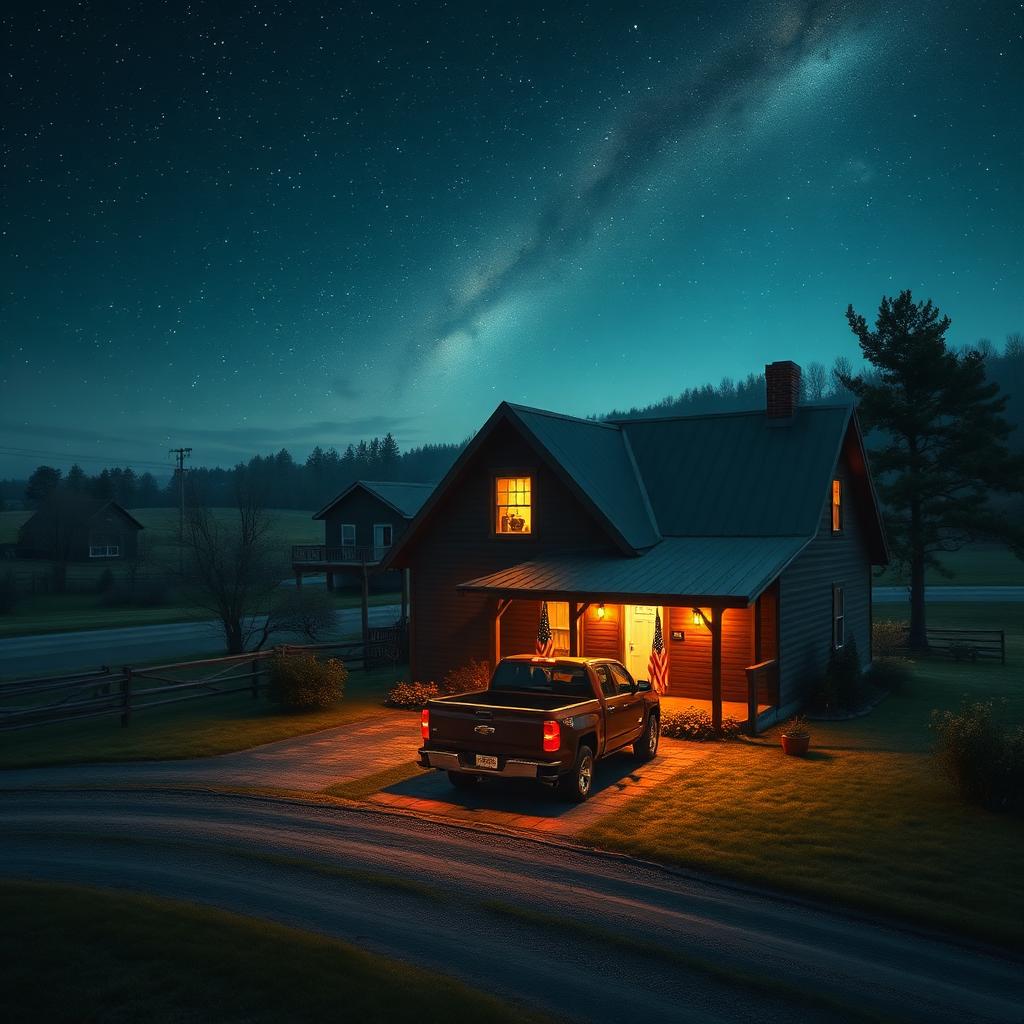 A small-town American farmhouse at night with a warm glowing bedroom window