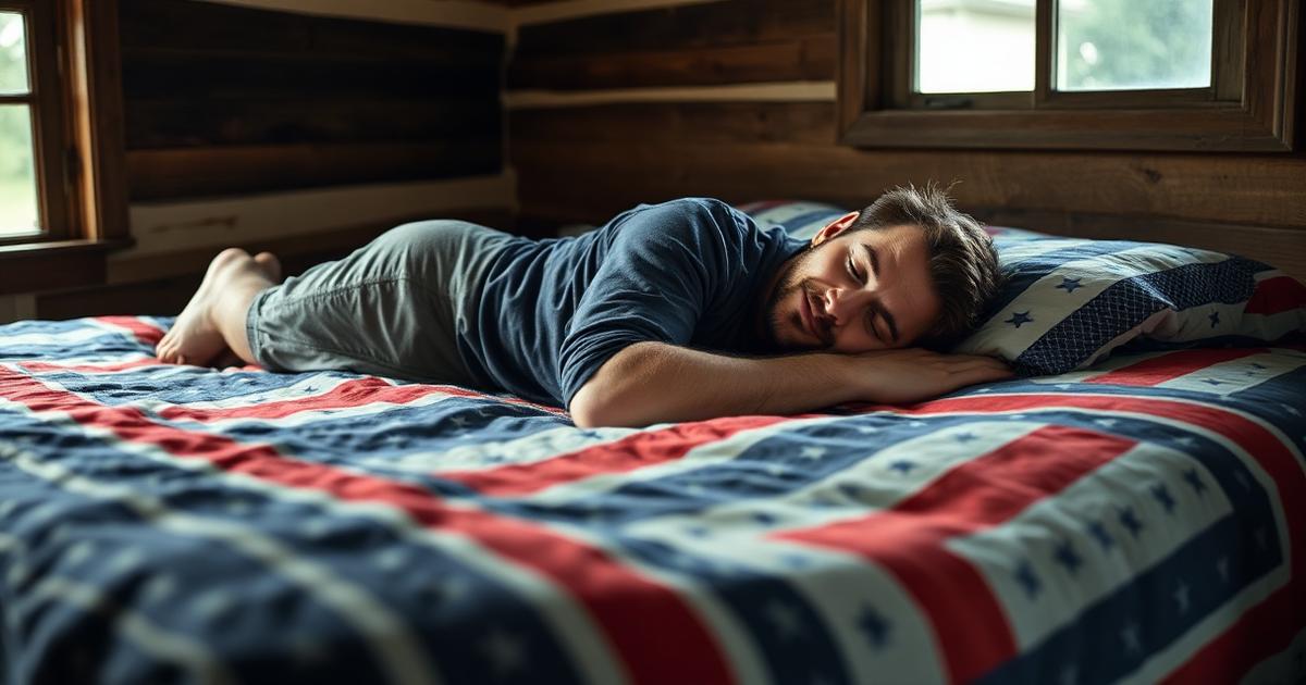 A rugged American man sleeping peacefully on his stomach on a navy and red striped quilted mattress in a rustic bedroom.