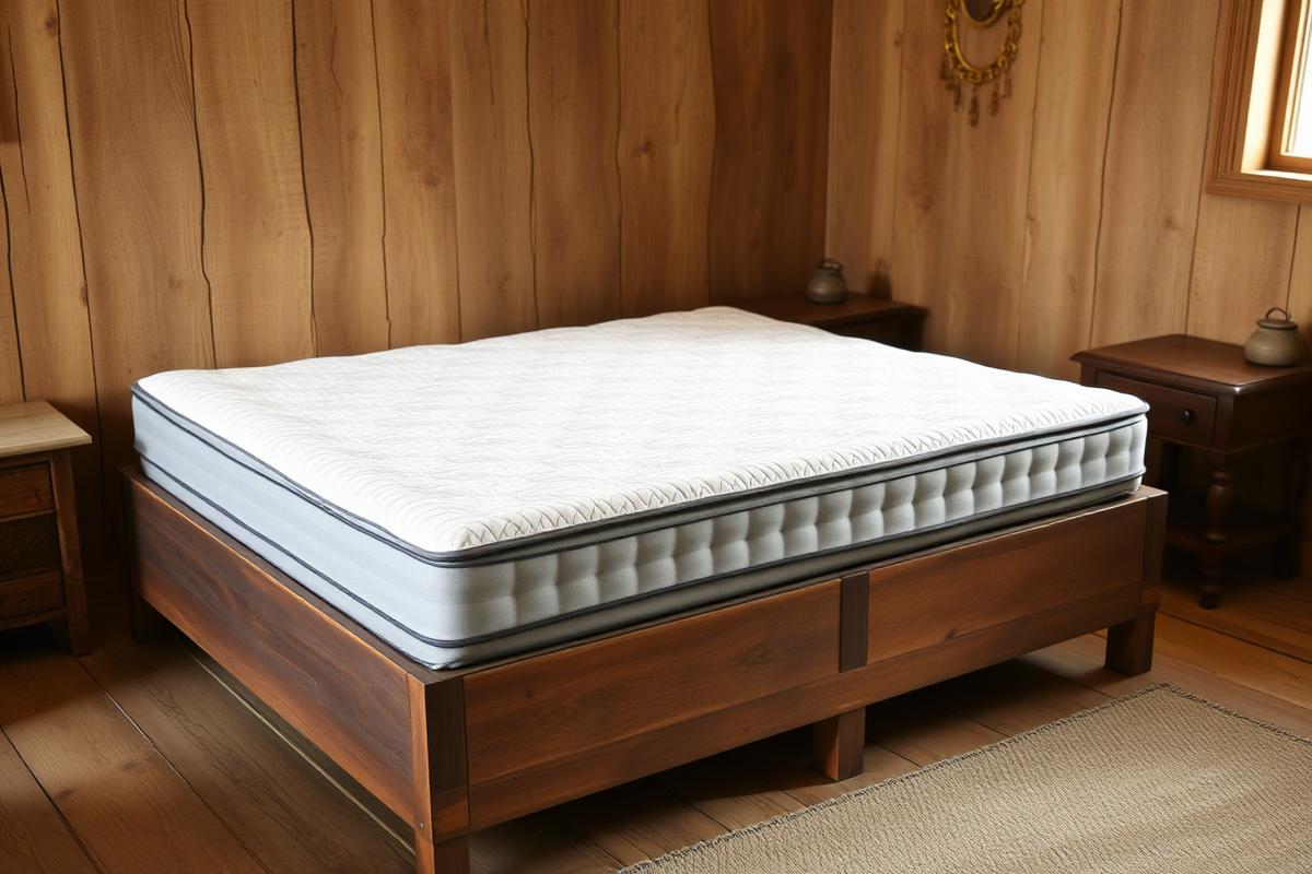A mattress topper being laid over an existing mattress in a rustic wood-paneled bedroom