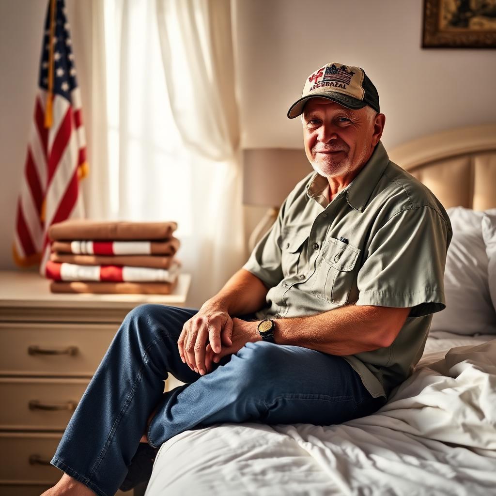 A veteran sitting on a well-made bed with an American flag behind him