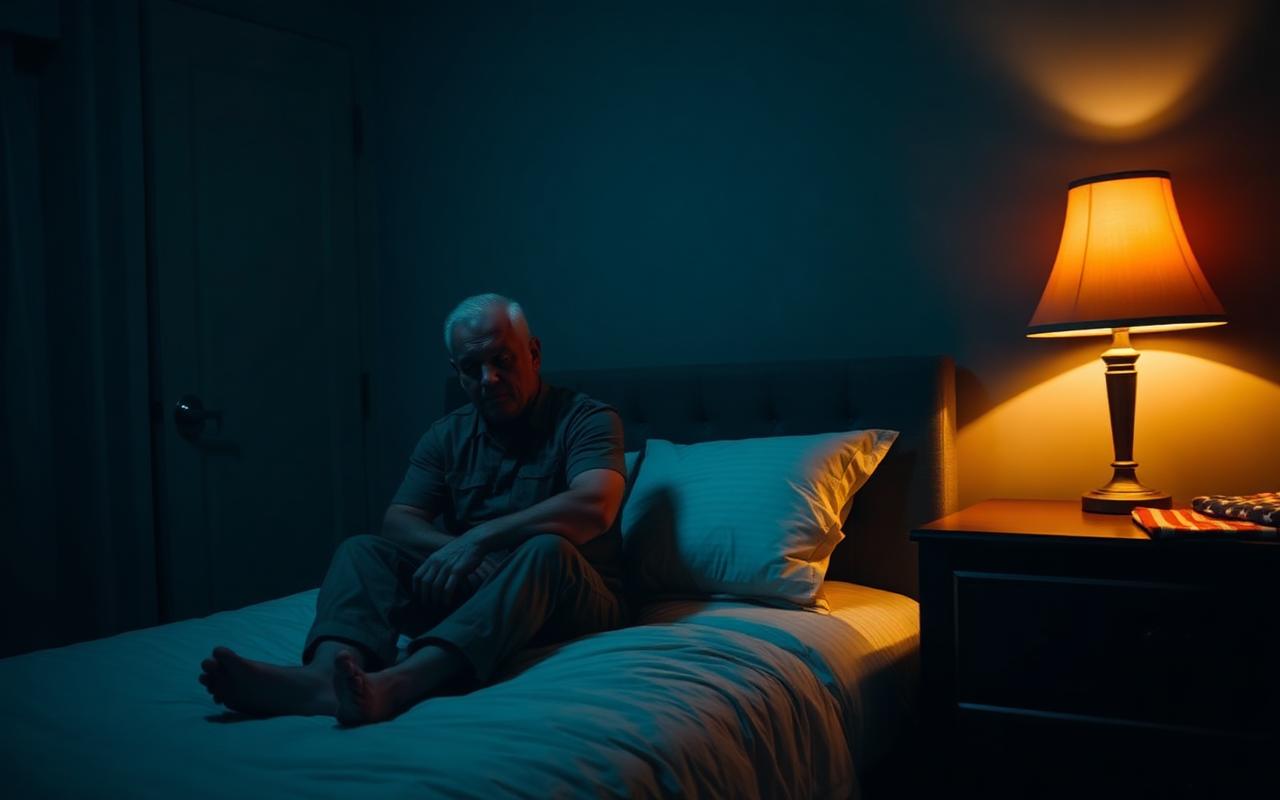 Military veteran sitting awake on the edge of his bed at night